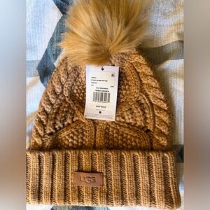 UGG Tan Knit Beanie with Pom Pom